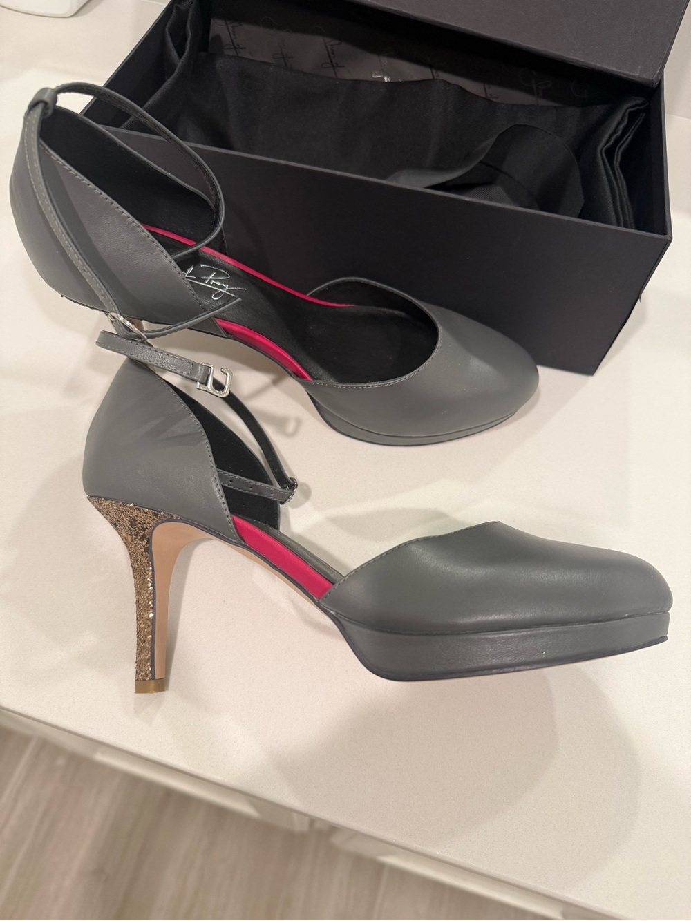 Shoes of Prey Gray Ankle-Strap Pumps with Glitter Heel